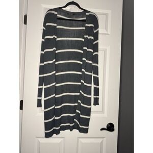 Doe And Rae Striped Ribbed Open Front Knit Cardigan Sweater Medium Blue Cream